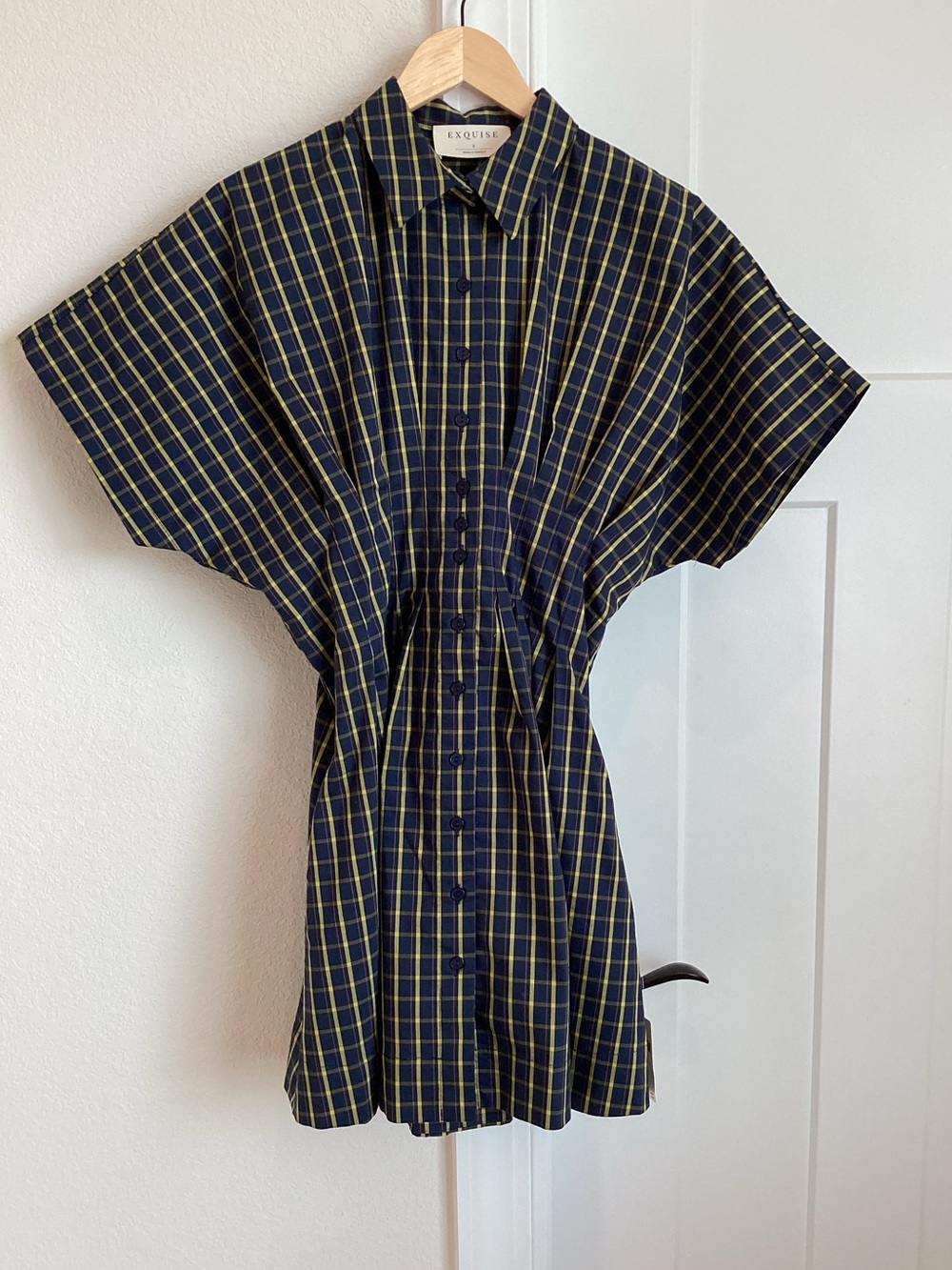 Exquise Tobie Short-Sleeve Pleated Mini Shirt Dress Navy Plaid Anthropologie - Picture 5 of 13